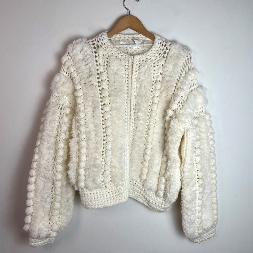 Vintage White Pom Pom Knit Crochet Trim Zip Up Cardigan Sweater Medium Statement